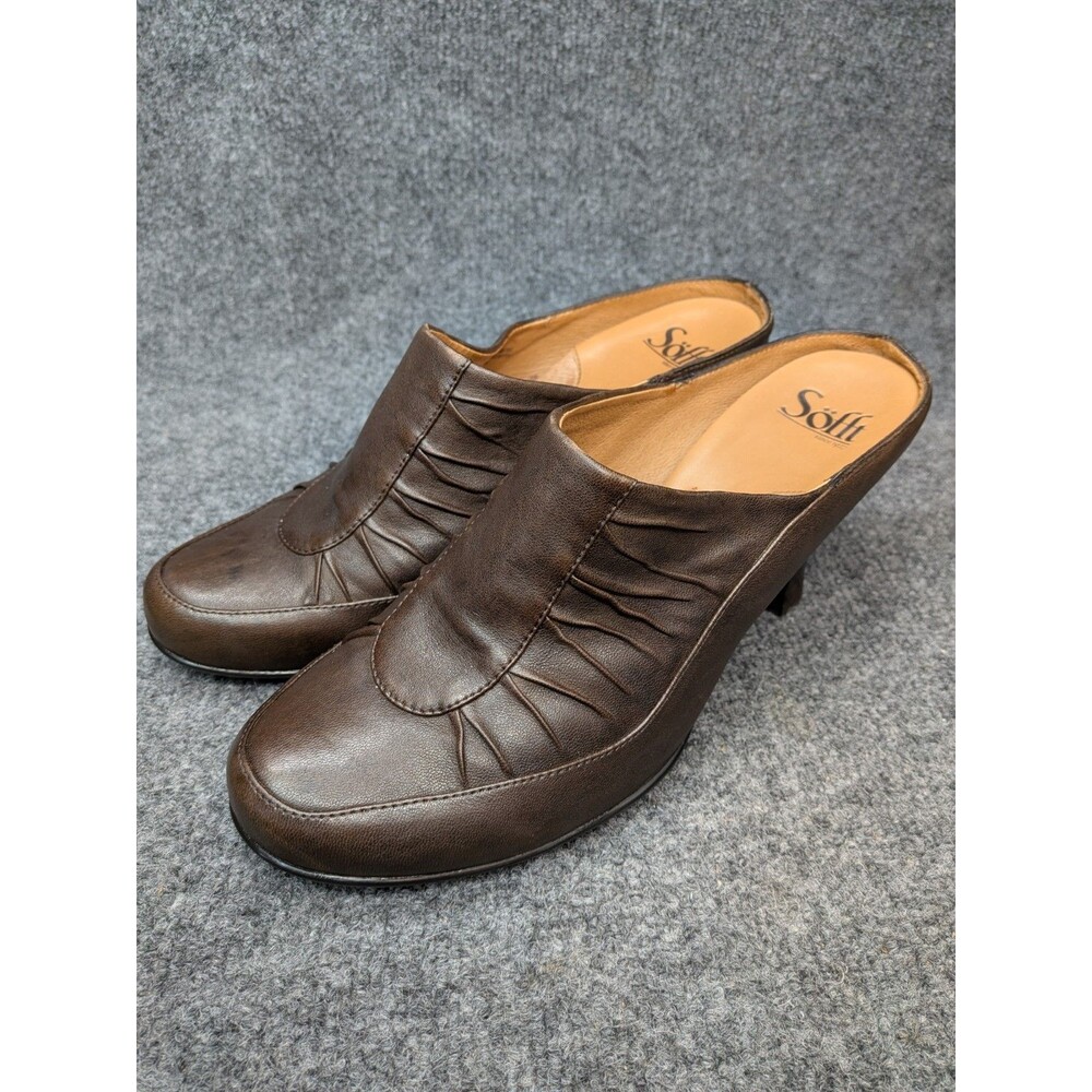 Söfft Brown Leather Mule Heels Women’s 9.5M Ruched Slip On Comfort Shoes